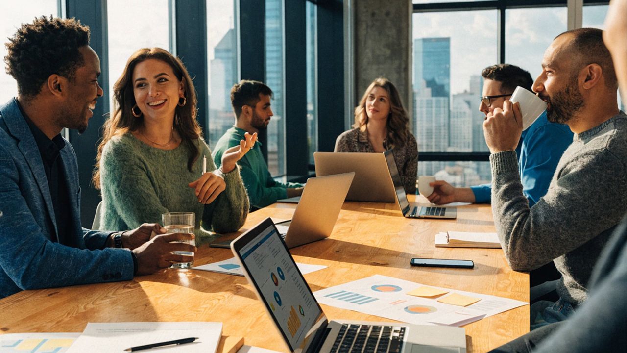 A diverse team collaborating around a conference table in a modern office