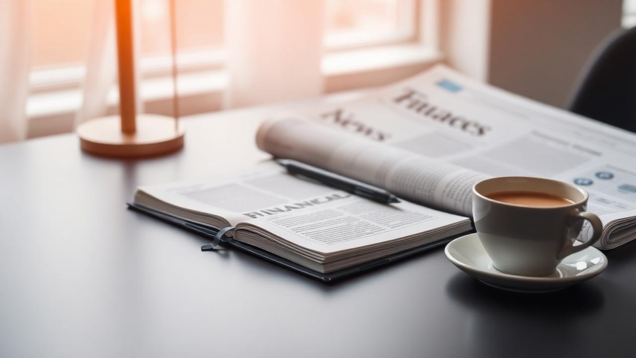 An open notebook, financial newspaper, and coffee on a desk