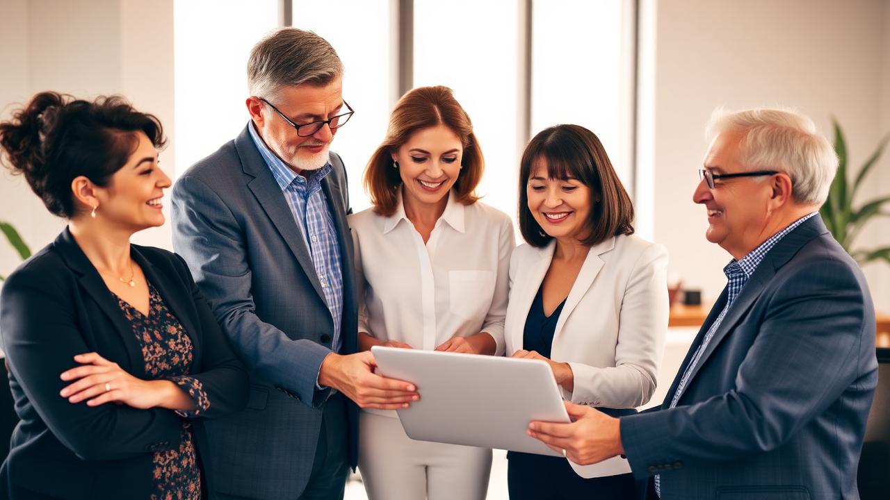 A multi-generational advisory team collaborating in the office